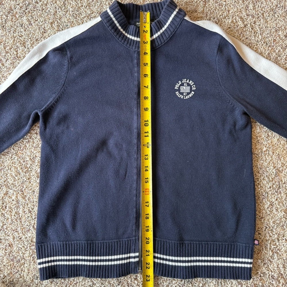 Vtg Polo Jeans Ralph Lauren Sweater Womens Full Zip Varsity Stripe Medium Navy - Picture 8 of 13